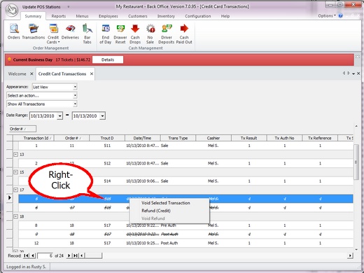 Back Office Credit Card Grid