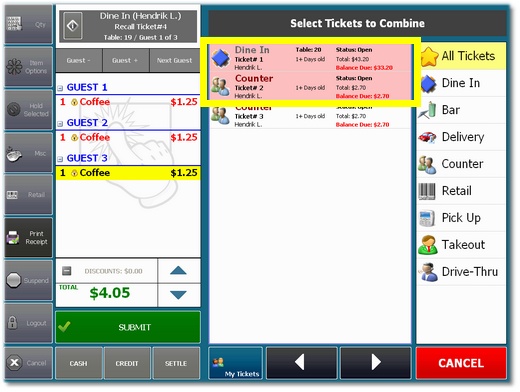 Combine Orders Screen