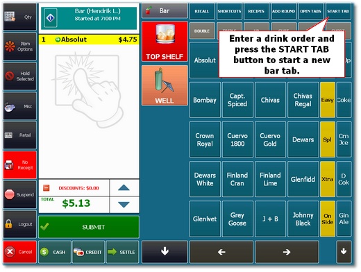 Bar tab management on the order entry screen