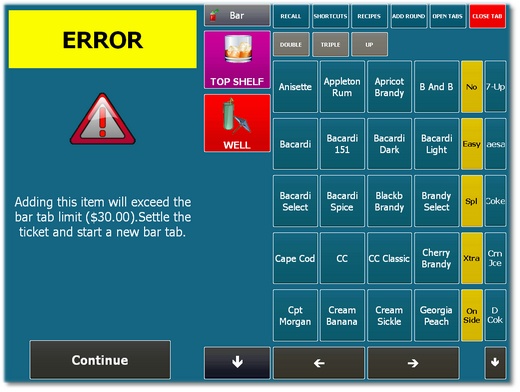 Alert informing the server that the bar tab limit cannot be exceeded
