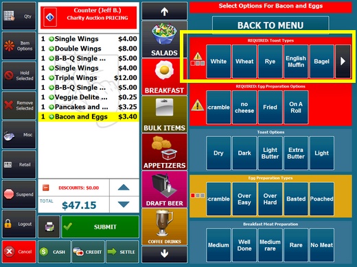 Order entry screen showing a mandatory exclusive modifier group