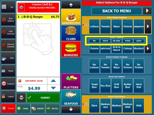 Order entry screen showing modifier levels