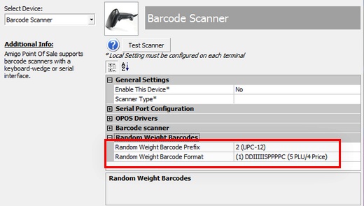 Back Office Random Weight Barcode Settings