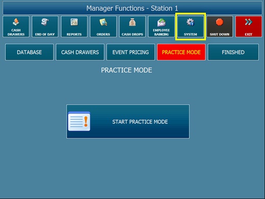 Starting practice mode on the manager screen