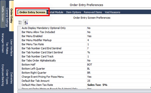 Order Entry Screen Preferences