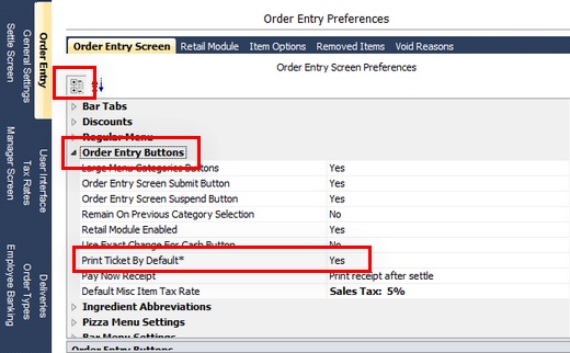 Order Entry Screen Printing Preferences