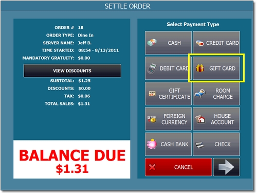 Order Settlement Using Gift Card Payment Method