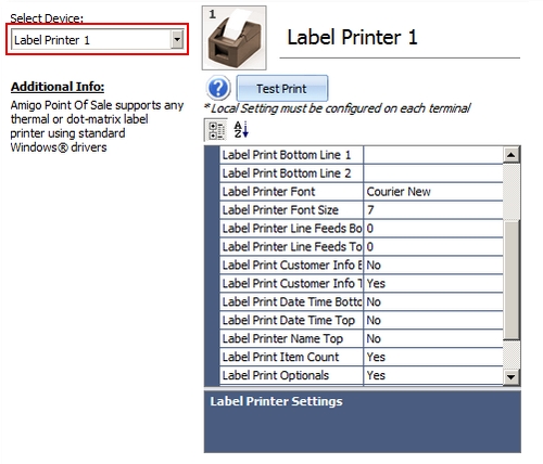 Label Printer Setup in Back Office > Configuration > Peripherals >