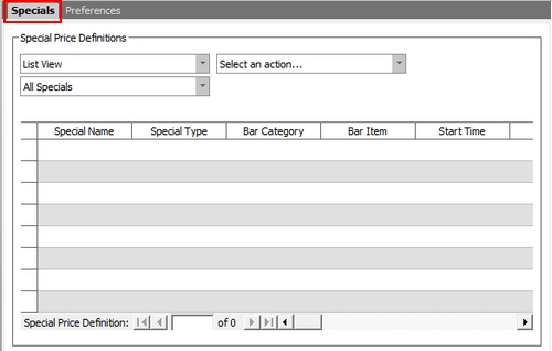 Add a new bar menu specials - Enter a new bar special definition on the top line of the grid when in List View mode