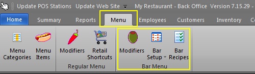 Back Office Bar Menu Setup