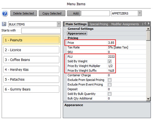 Menu Item Price By Weight Settings