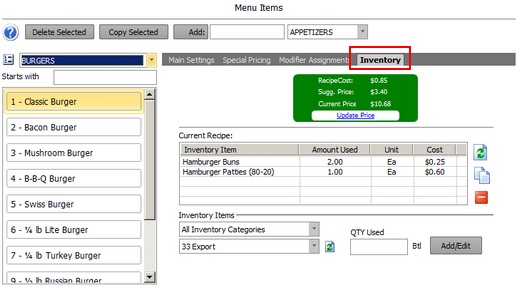 Regular & Bar Menu Items Inventory Recipe