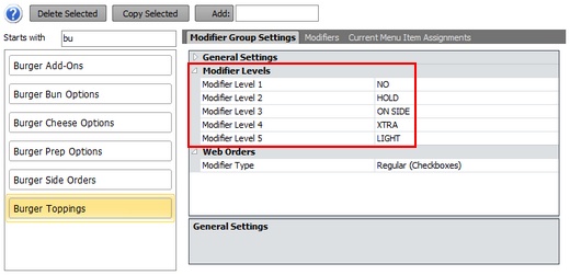 Modifier Price Level Assignments on the Modifier Group List