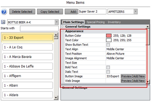 Bar Menu Item Appearance Settings