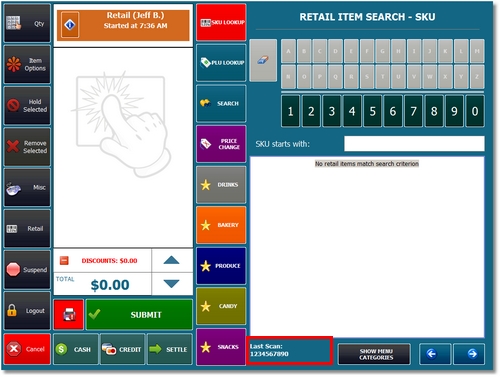 Scanning a barcode on the order entry screen. The barcode in this example will generate an error because of the leading zero.