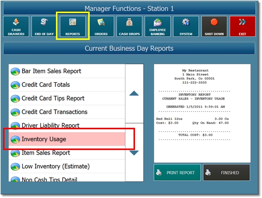 Inventory Usage Report (Manager Screen)