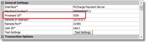 Back Office PCCharge Payment Server Processor Id