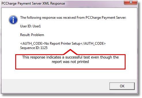 Successful PCCharge Payment Server communications test