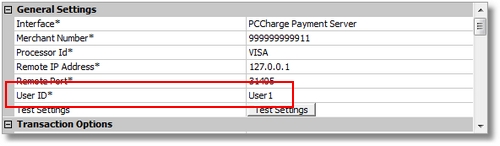 Back Office PCCharge Payment Server User Id