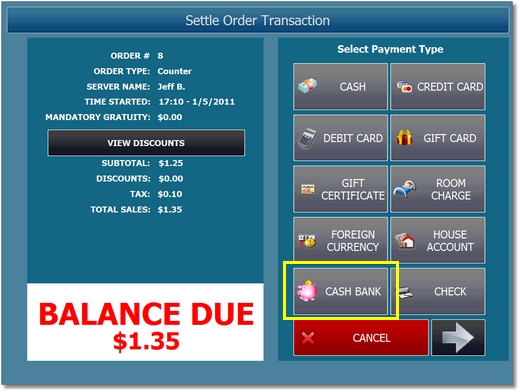 Settle Screen Cash Bank