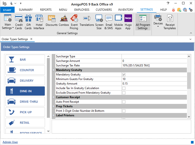Manager screen showing order type settings